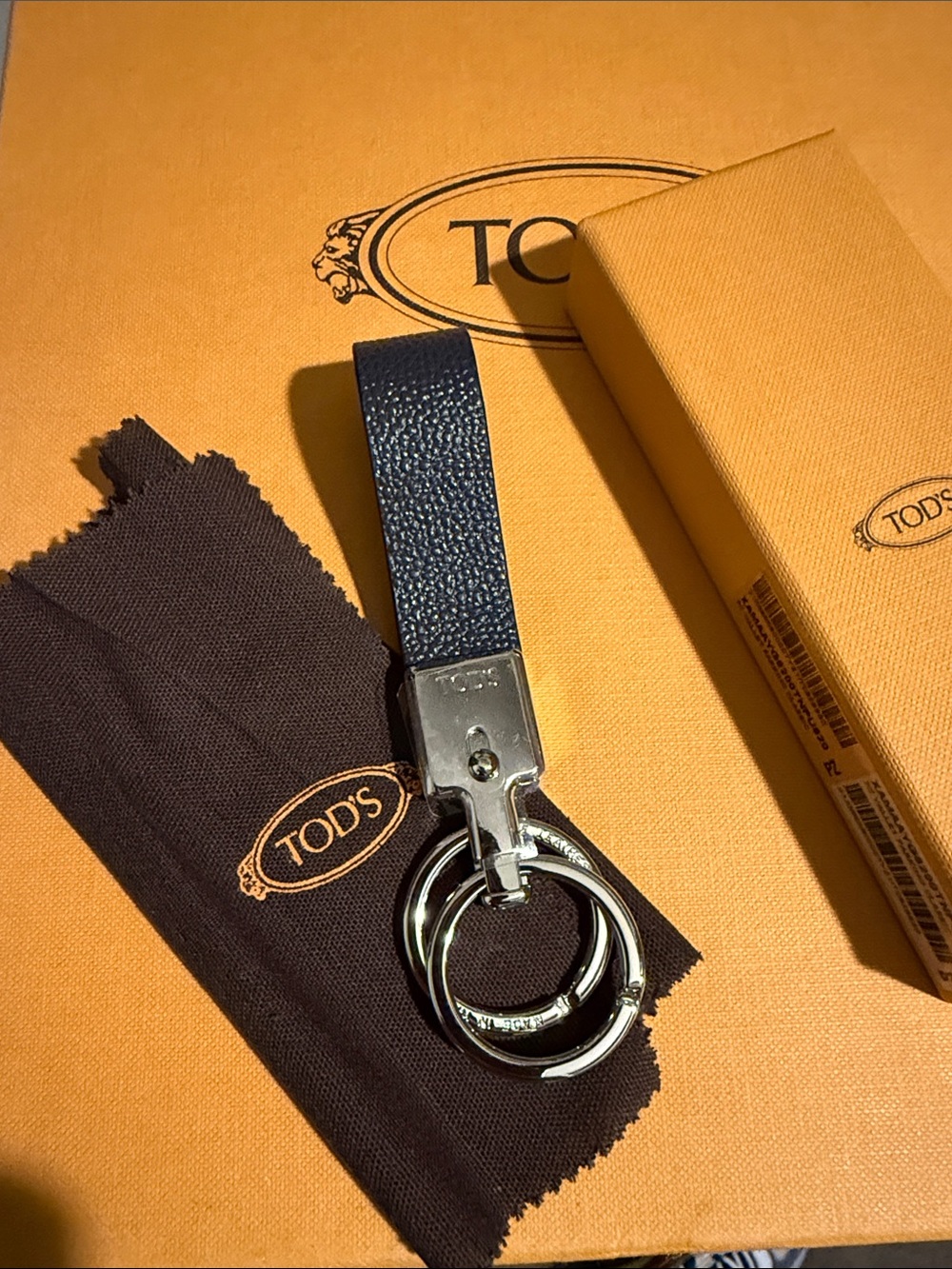 Tod's Navy Textured Leather Keyring with Silver Hardware
